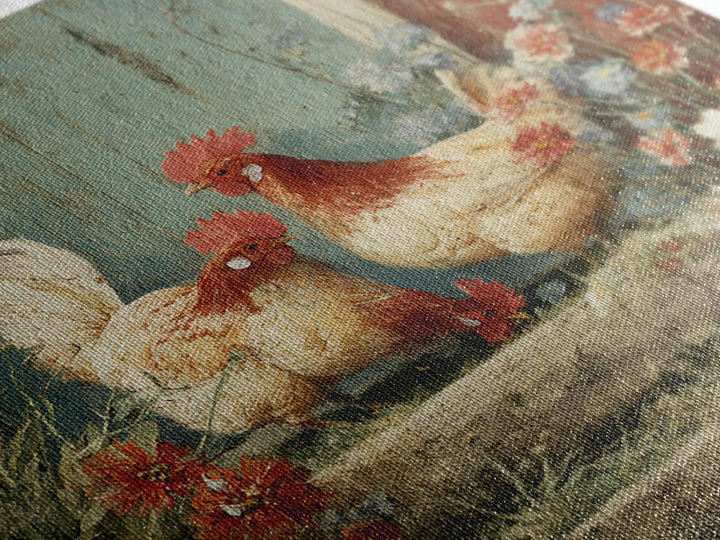 Chickens Pecking Near Garden Flowers Framed Canvas Print, Country Art, Farmhouse Wall Art, Farmhouse Decor, Fine Art, Country, COU-1x1-62