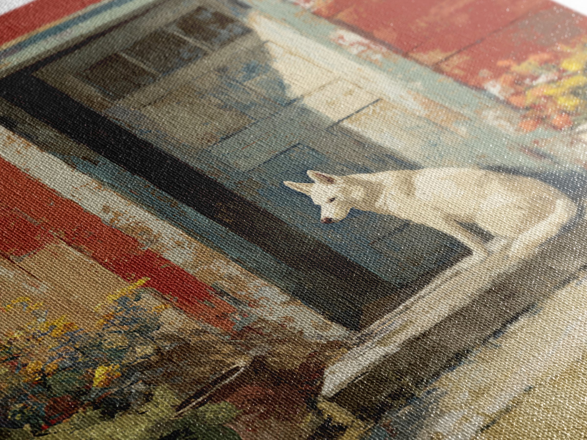 Dog Resting Beside a Porch Flower Pot Framed Canvas Print, Country Art, Landscape Painting, Farmhouse Decor, Oil Painting, COU-1x1-70