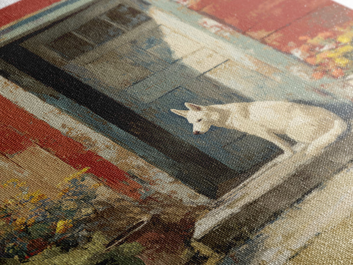 Dog Resting Beside a Porch Flower Pot Framed Canvas Print, Country Art, Landscape Painting, Farmhouse Decor, Oil Painting, COU-1x1-70