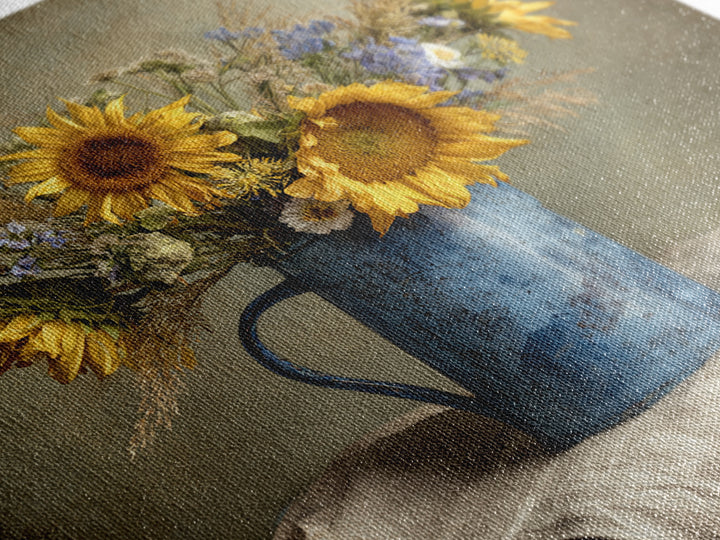 Sunflowers in a Blue Enamel Pitcher Framed Canvas Print, Country Art, Original Painting, Farmhouse Decor, Oil Painting, Country, COU-1x1-8