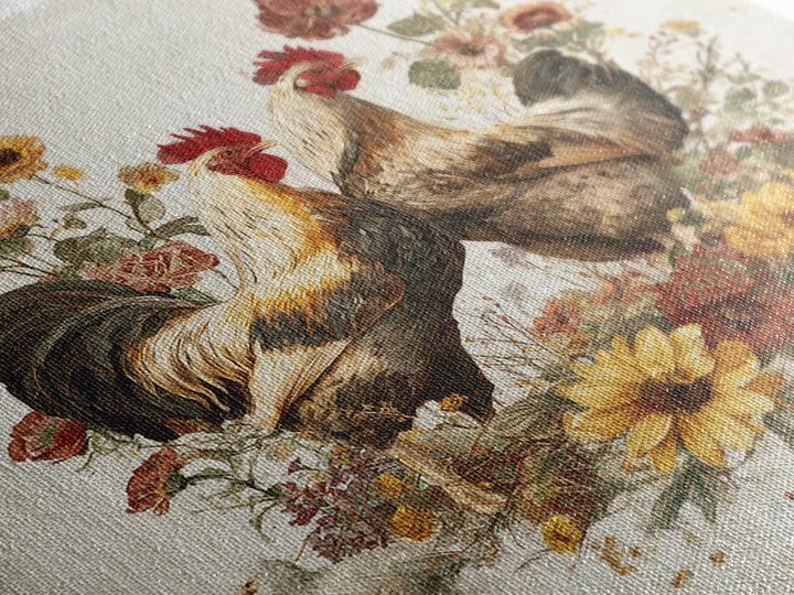 Chickens Pecking Near Garden Flowers Canvas Print, Country Art, Neutral Decor, Farmhouse Decor, Oil Painting, Country, COU-1x1-86