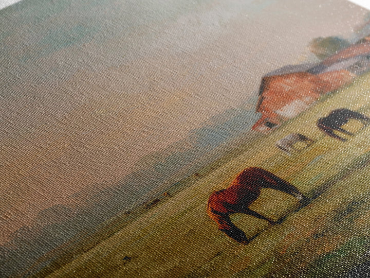 Rolling Pasture with Grazing Horses at Sunrise Canvas Print, Country Art, Wall Art, Farmhouse Decor, Oil Painting, Country, COU-1x1-97