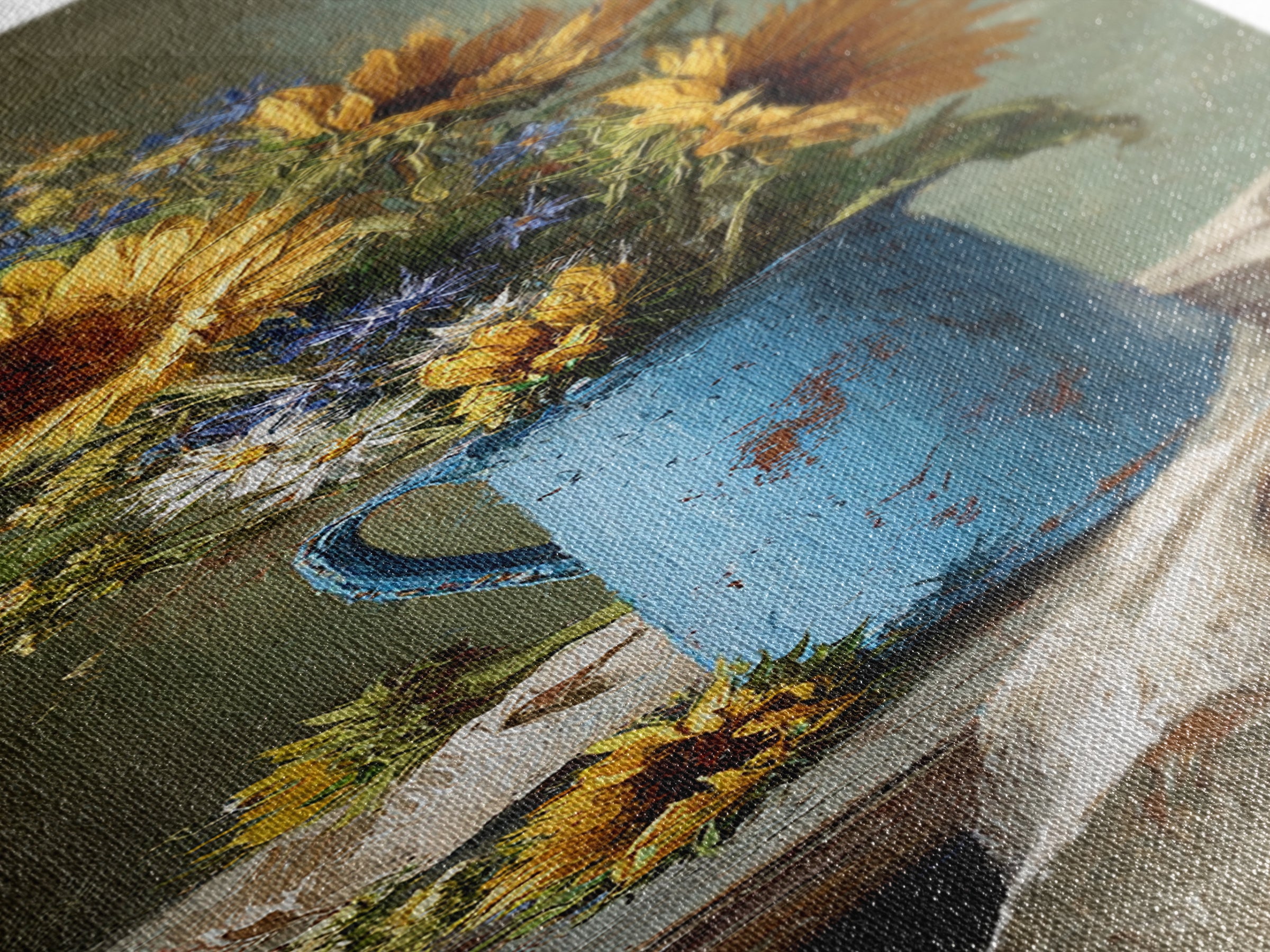 Sunflowers in a Blue Enamel Pitcher Canvas Print, Country Art, Contemporary Art, Farmhouse Decor, Oil Painting, Country, COU-1x3-44