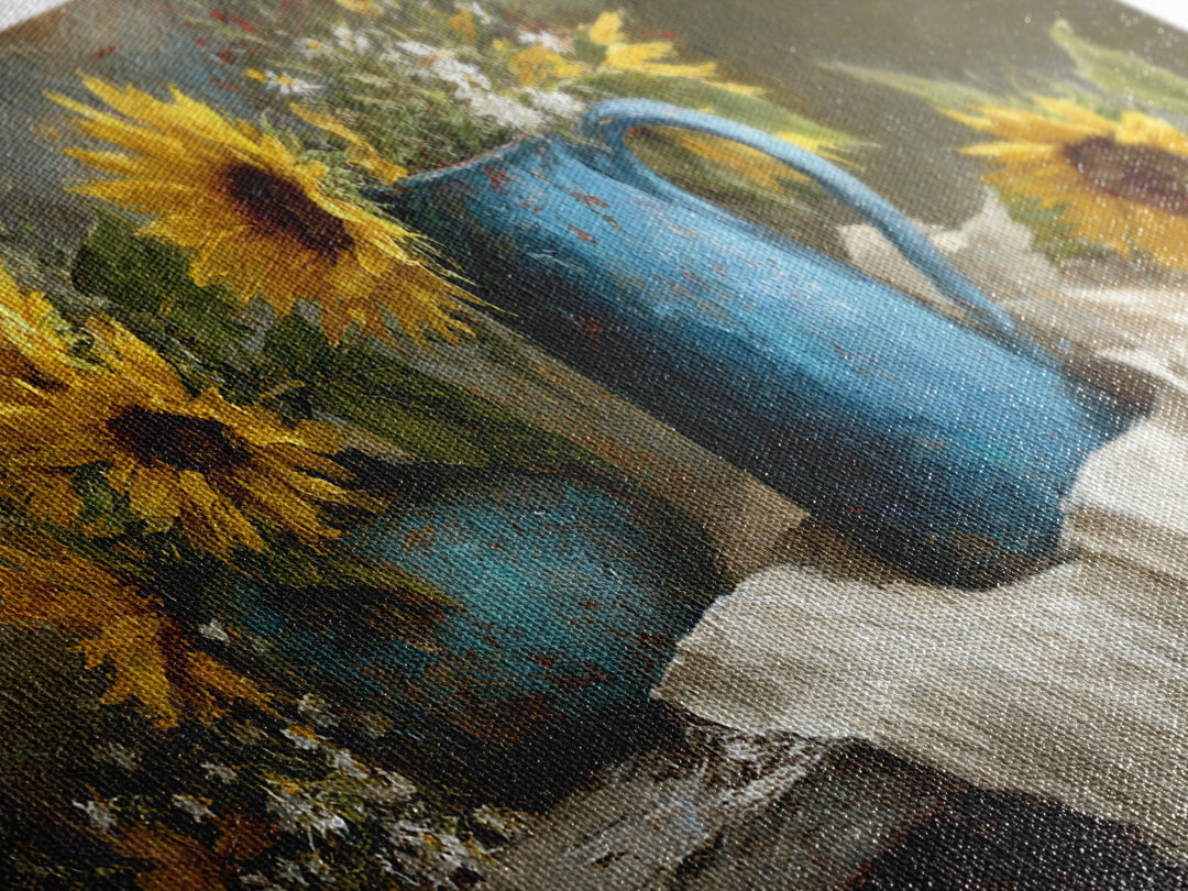 Sunflowers in a Blue Enamel Pitcher Framed Canvas Print, Country Art, Digital Art Prints, Farmhouse Decor, Oil Painting, COU-2x1-100