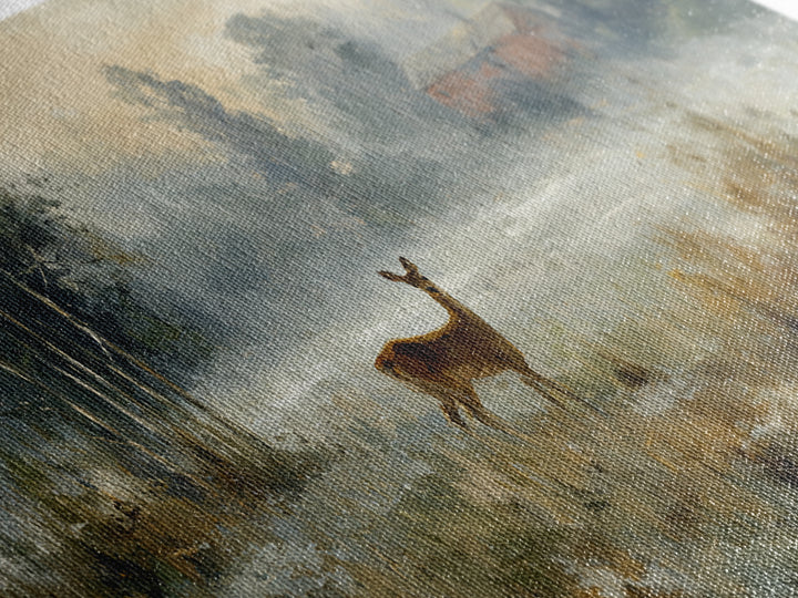 Deer Crossing a Misty Morning Field Canvas Print, Country Art, Original Painting, Farmhouse Decor, Fine Art, Country, COU-2x1-31