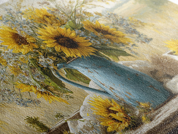 Sunflowers in a Blue Enamel Pitcher Canvas Print, Country Art, Boho Decor, Farmhouse Decor, Oil Painting, Country, Art Prints, COU-2x1-4