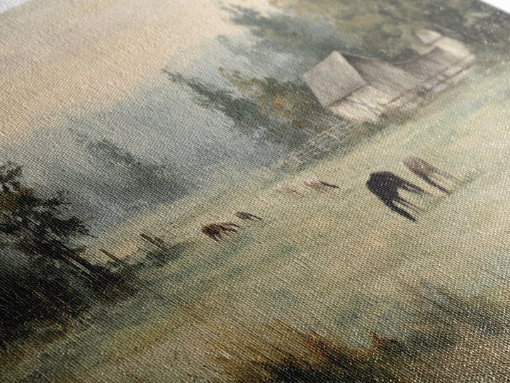 Rolling Pasture with Grazing Horses at Sunrise Framed Canvas Print, Country Art, Art Print, Farmhouse Decor, Fine Art, Country, COU-2x1-45