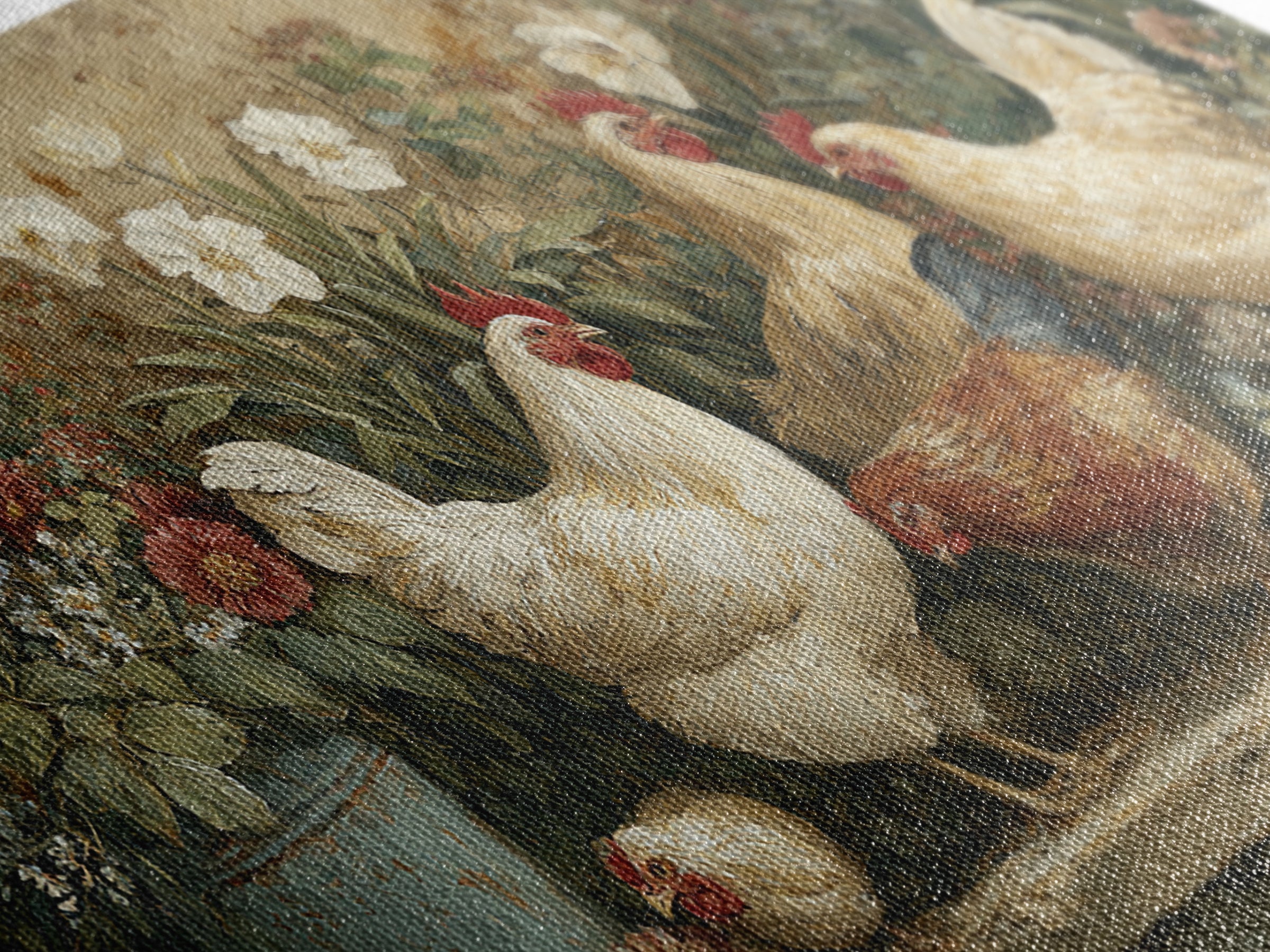 Chickens Pecking Near Garden Flowers Canvas Print, Country Art, Wall Art, Farmhouse Decor, Watercolor Art, Country, COU-2x1-58