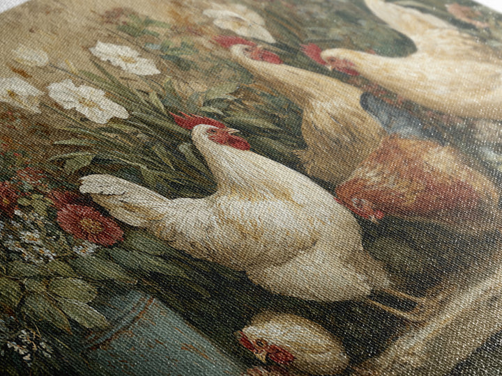 Chickens Pecking Near Garden Flowers Canvas Print, Country Art, Wall Art, Farmhouse Decor, Watercolor Art, Country, COU-2x1-58