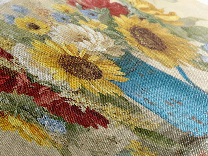 Sunflowers in a Blue Enamel Pitcher Canvas Print, Country Art, Farmhouse Decor, Country, Gallery Wall Art, Landscape Wall Art, COU-2x1-76