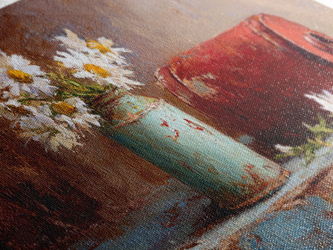 Milk Can and Daisies Rustic Still Life Framed Canvas Print, Country Art, Oil Painting, Farmhouse Decor, Watercolor Art, Country, COU-2x1-81