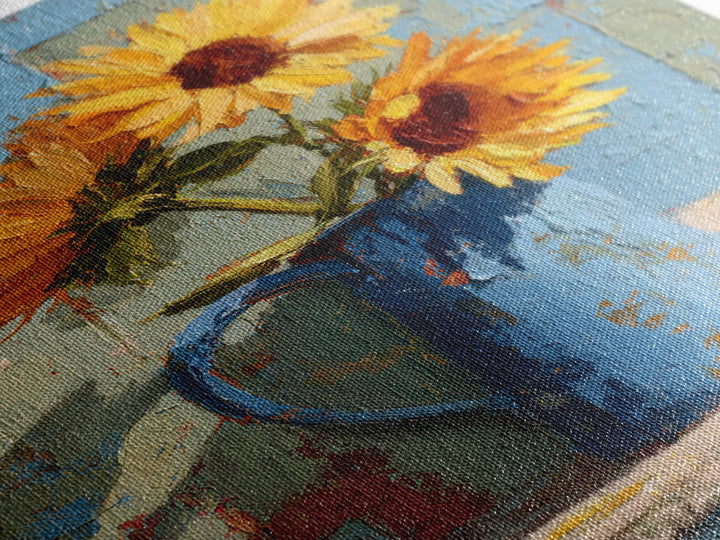 Sunflowers in a Blue Enamel Pitcher Canvas Print, Country Art, Floral Wall Art, Farmhouse Decor, Country, Fine Art Print, COU-2x3-16