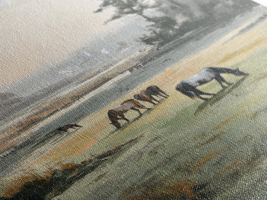 Rolling Pasture with Grazing Horses at Sunrise Canvas Print, Country Art, Original Painting, Farmhouse Decor, Country, COU-2x3-33