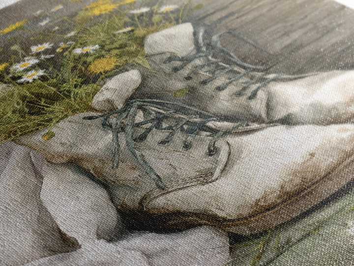 Weathered Boots with Wildflowers Tucked Inside Framed Canvas Print, Country Art, Statement Artwork, Farmhouse Decor, Country, COU-2x3-48