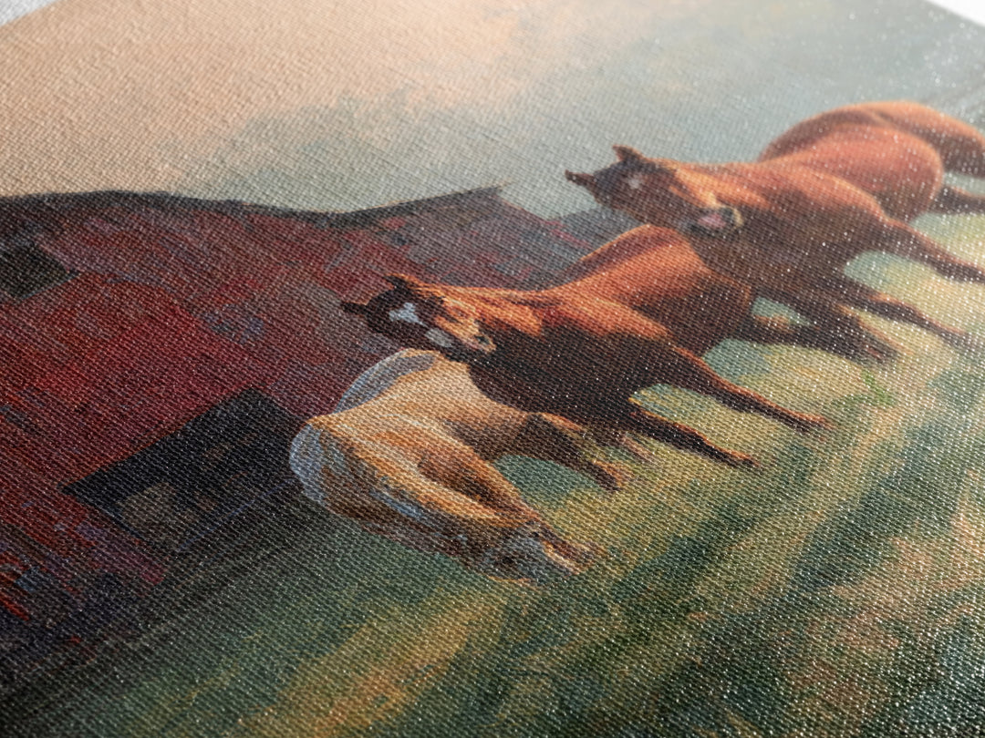 Rolling Pasture with Grazing Horses at Sunrise Canvas Print, Country Art, Printable Art, Farmhouse Decor, Oil Painting, Country, COU-2x3-57