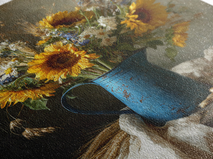 Sunflowers in a Blue Enamel Pitcher Framed Canvas Print, Country Art, Printable Wall Art, Farmhouse Decor, Fine Art, Country, COU-2x3-88