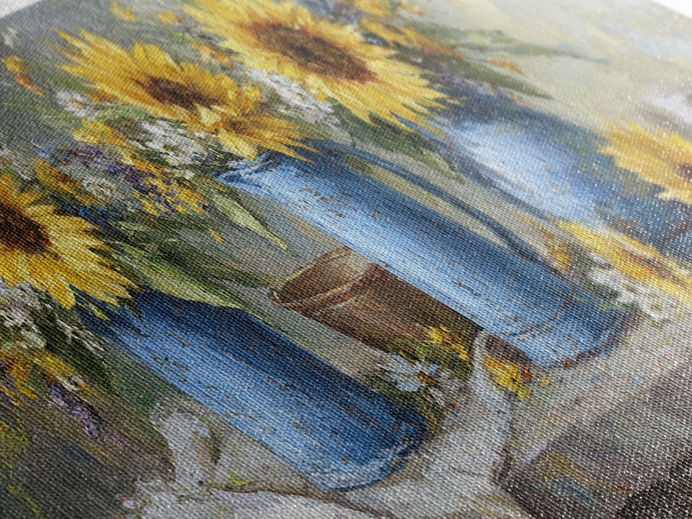 Sunflowers in a Blue Enamel Pitcher Canvas Print, Country Art, Luxury Decor, Farmhouse Decor, Fine Art, Country, COU-3x1-48