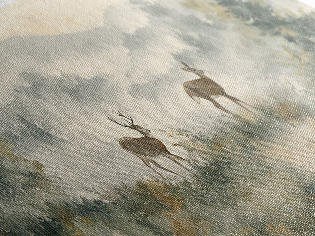 Deer Crossing a Misty Morning Field Framed Canvas Print, Country Art, Digital Prints, Farmhouse Decor, Fine Art, Country, COU-3x1-51