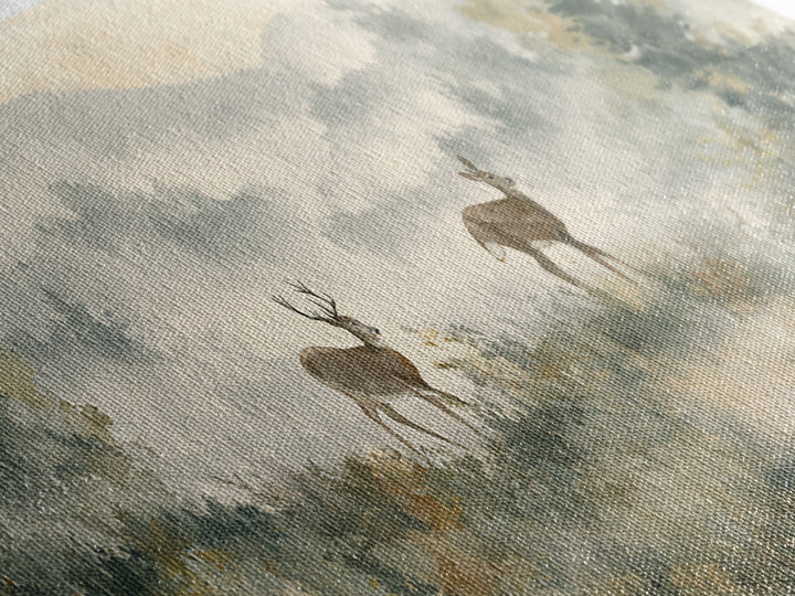 Deer Crossing a Misty Morning Field Framed Canvas Print, Country Art, Digital Prints, Farmhouse Decor, Fine Art, Country, COU-3x1-51