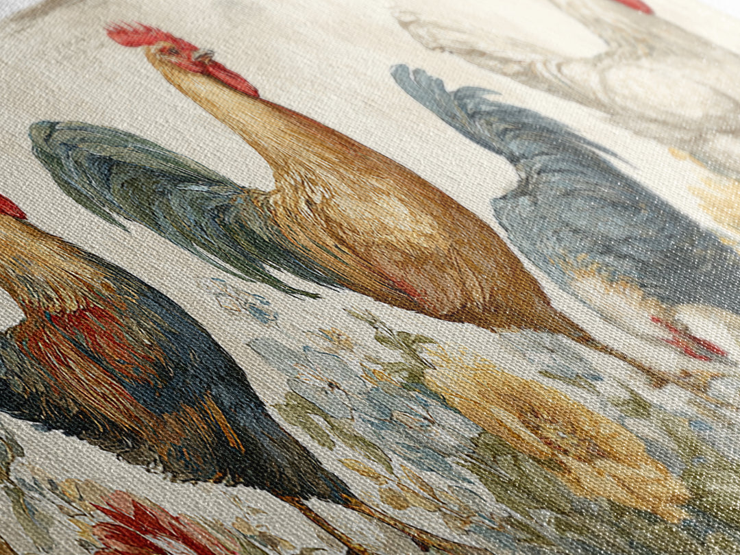 Chickens Pecking Near Garden Flowers Canvas Print, Country Art, Landscape Painting, Farmhouse Decor, Watercolor Art, Country, COU-3x1-54