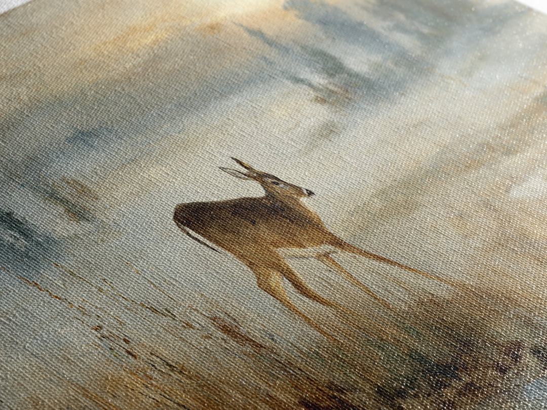 Deer Crossing a Misty Morning Field Canvas Print, Country Art, Digital Wall Art, Farmhouse Decor, Country, Floral Wall Art, COU-3x1-75