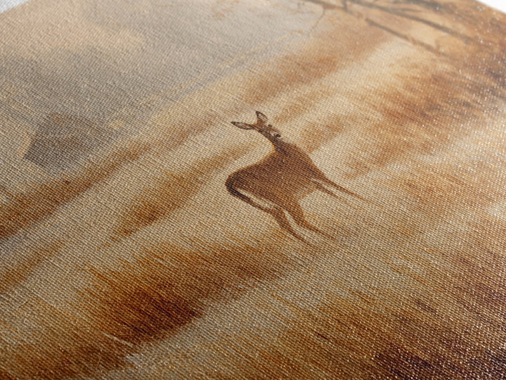 Deer Crossing a Misty Morning Field Framed Canvas Print, Country Art, Oil Painting, Farmhouse Decor, Fine Art, Country, COU-3x2-15