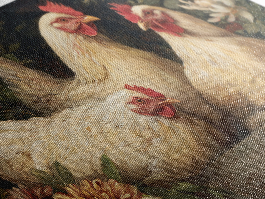 Chickens Pecking Near Garden Flowers Framed Canvas Print, Country Art, Farmhouse Decor, Watercolor Art, Country, COU-3x2-18