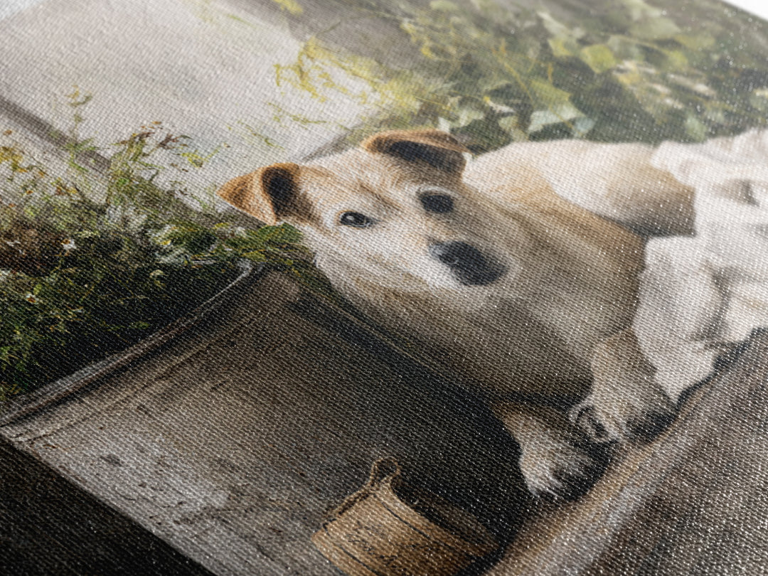 Dog Resting Beside a Porch Flower Pot Canvas Print, Country Art, Digital Wall Art, Farmhouse Decor, Fine Art, Country, COU-3x2-26