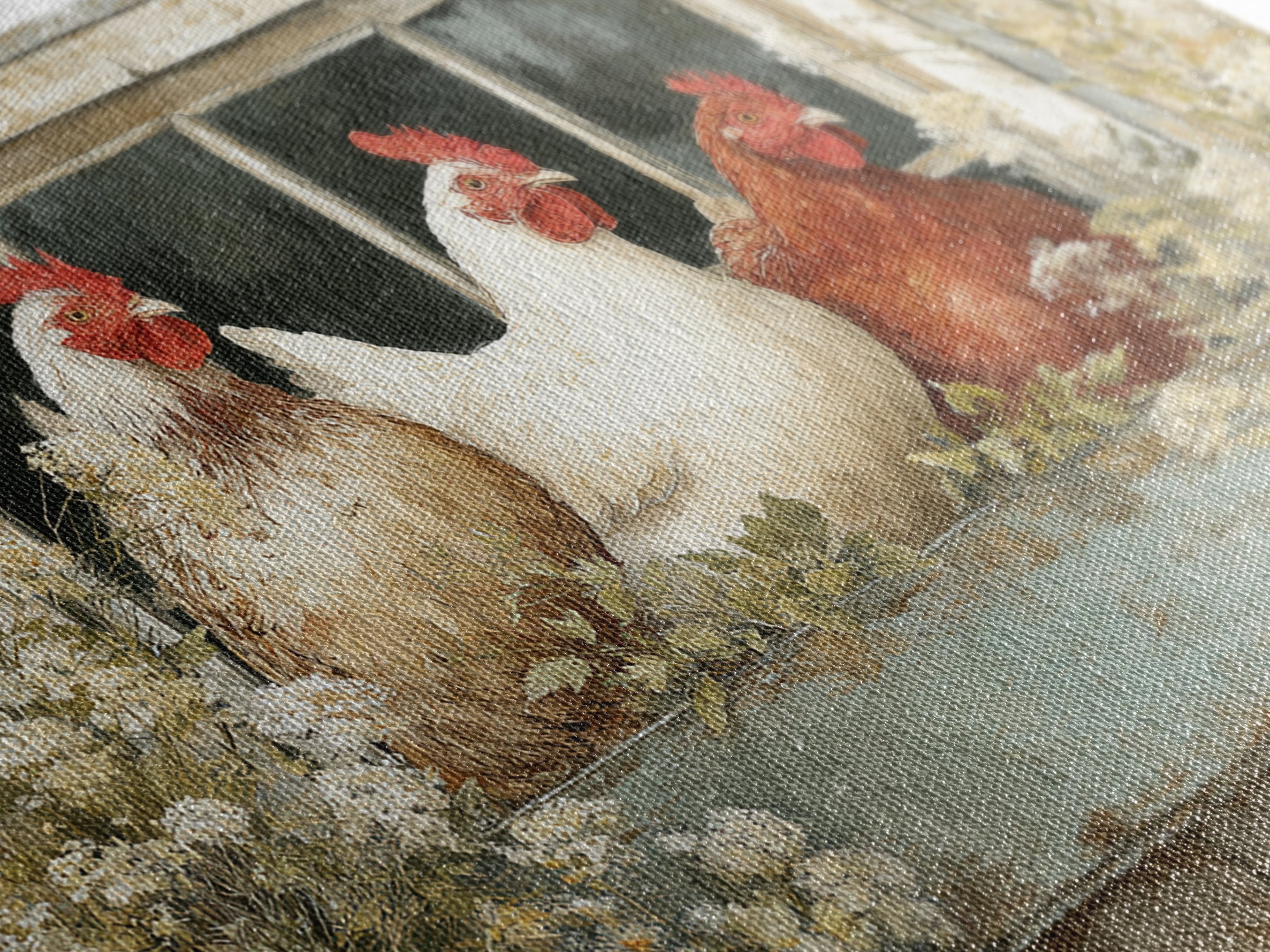 Chickens Pecking Near Garden Flowers Canvas Print, Country Art, Printable Art, Farmhouse Decor, Watercolor Art, Country, COU-3x2-42