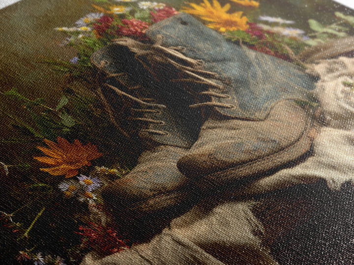Weathered Boots with Wildflowers Tucked Inside Canvas Print, Country Art, Farmhouse Wall Decor, Farmhouse Decor, Country, COU-3x2-44