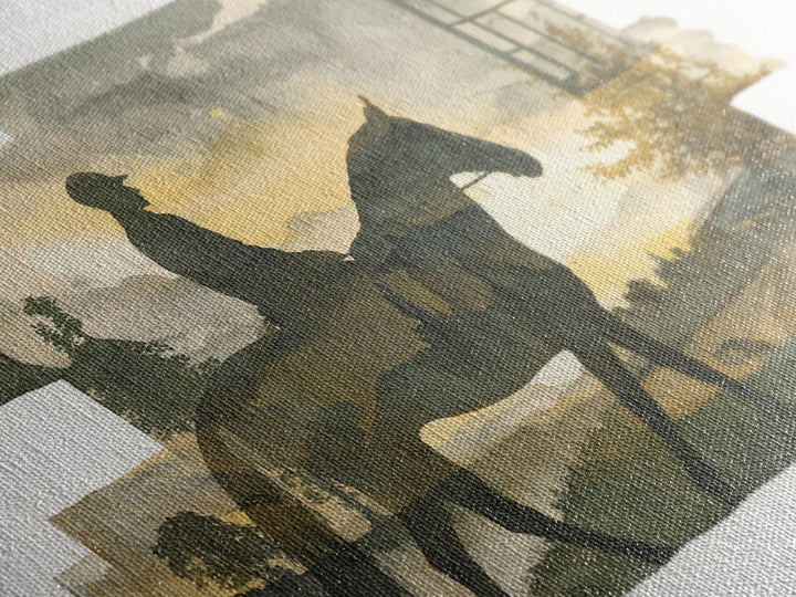Horse and Rider Silhouette at Dusk Framed Canvas Print, Country Art, Landscape Painting, Farmhouse Decor, Fine Art, Country, COU-3x2-45