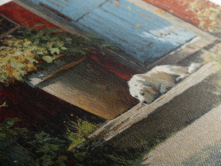 Dog Resting Beside a Porch Flower Pot Framed Canvas Print, Country Art, Farmhouse Decor, Fine Art, Country, Gallery Wall Art, COU-3x2-50