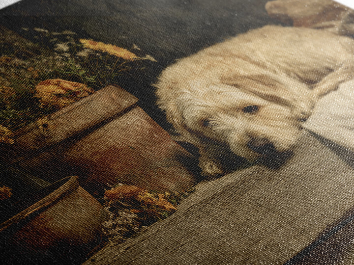 Dog Resting Beside a Porch Flower Pot Framed Canvas Print, Country Art, Farmhouse Decor, Fine Art, Country, Gallery Wall Art, COU-3x2-74
