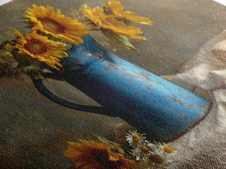 Sunflowers in a Blue Enamel Pitcher Canvas Print, Country Art, Statement Artwork, Farmhouse Decor, Fine Art, Country, COU-3x2-84