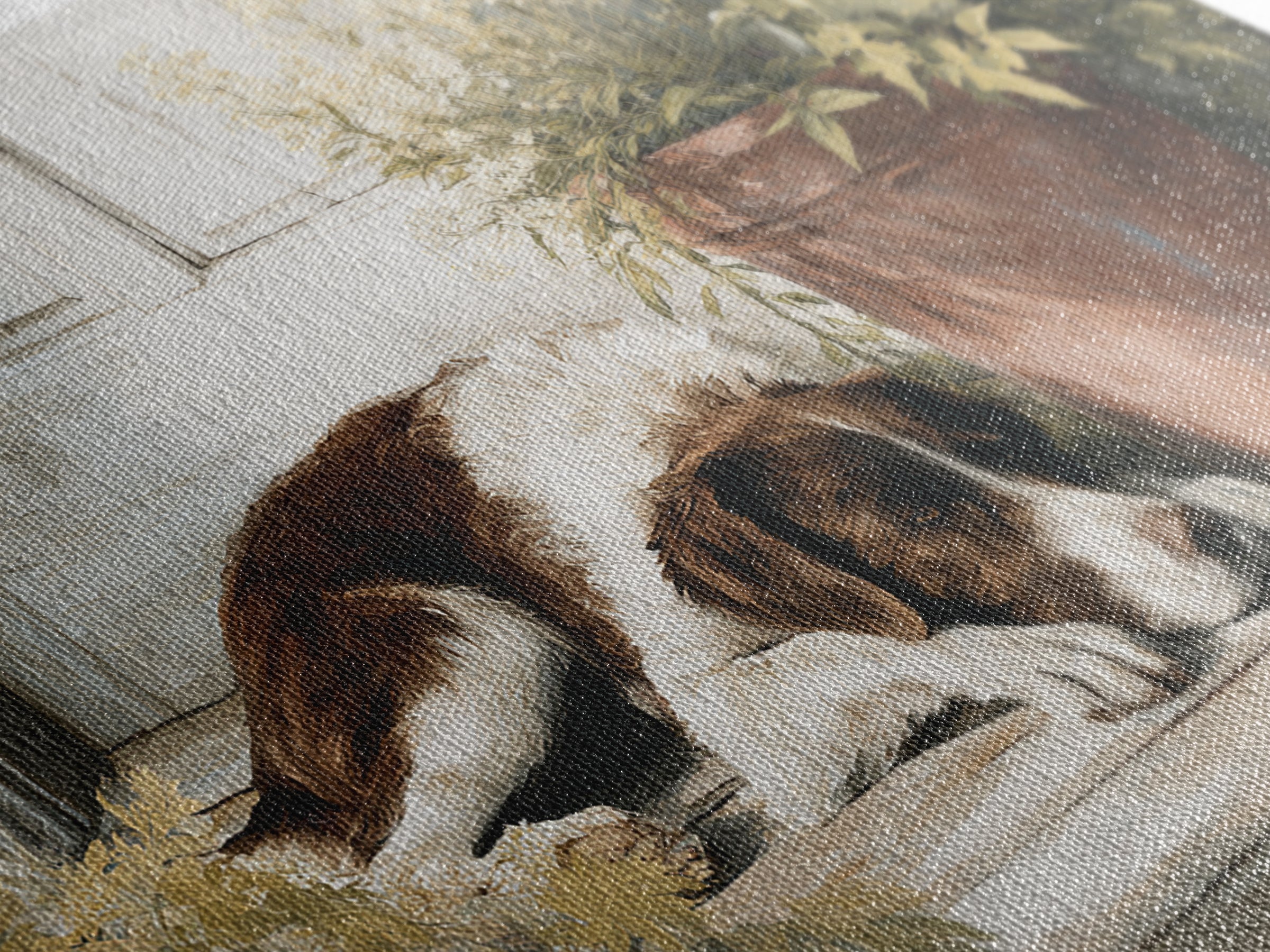 Dog Resting Beside a Porch Flower Pot Canvas Print, Country Art, Digital Art Prints, Farmhouse Decor, Oil Painting, Country, COU-3x2-98