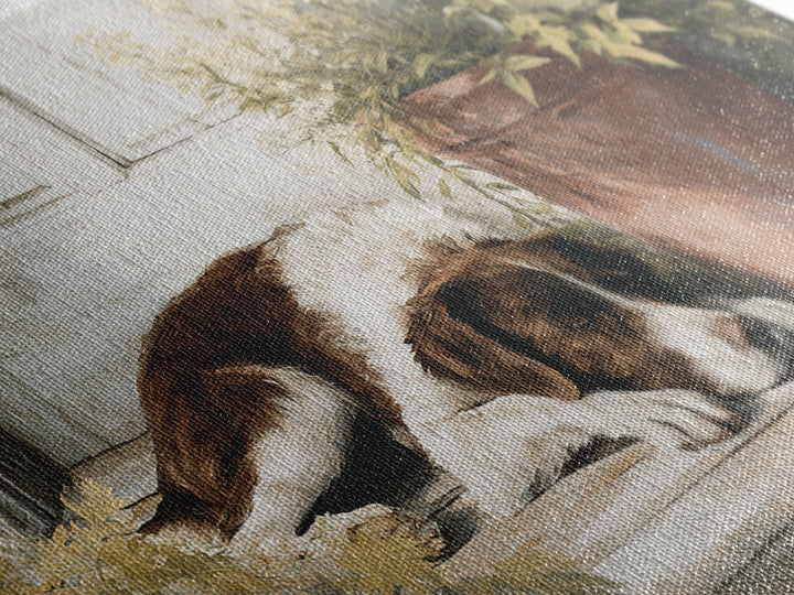 Dog Resting Beside a Porch Flower Pot Canvas Print, Country Art, Digital Art Prints, Farmhouse Decor, Oil Painting, Country, COU-3x2-98