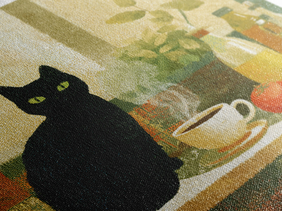 Black Cat Beside a Steaming Cup Canvas Print, Coffee Shop Art, Moody Wall Art, Cafe Decor, Fine Art, Cafe, Luxury Decor, CSA-1x1-14
