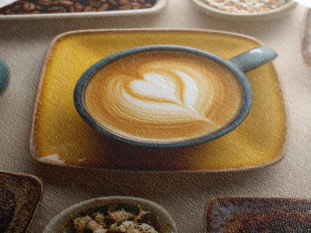 Latte Art Heart Seen from Above Framed Canvas Print, Coffee Shop Art, Digital Wall Art, Cafe Decor, Oil Painting, Cafe, CSA-1x1-28