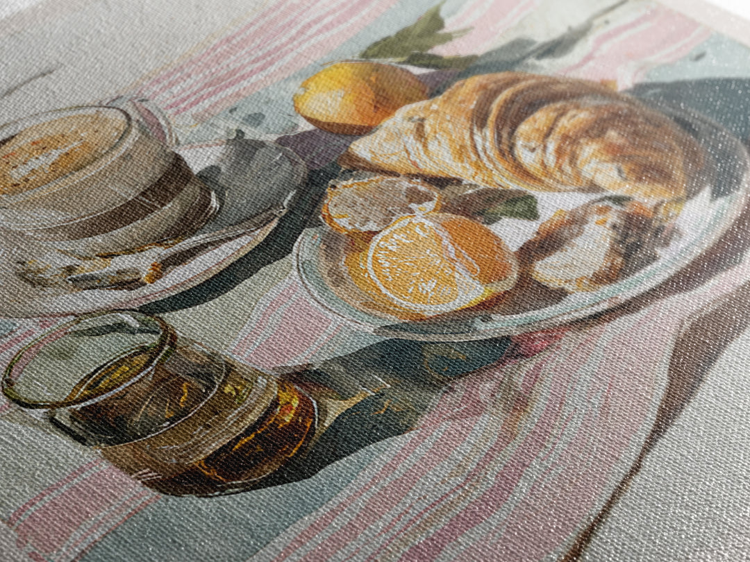 Croissant and Cappuccino on Striped Cloth Framed Canvas Print, Coffee Shop Art, Textured Painting, Cafe Decor, Fine Art, Cafe, CSA-1x1-29