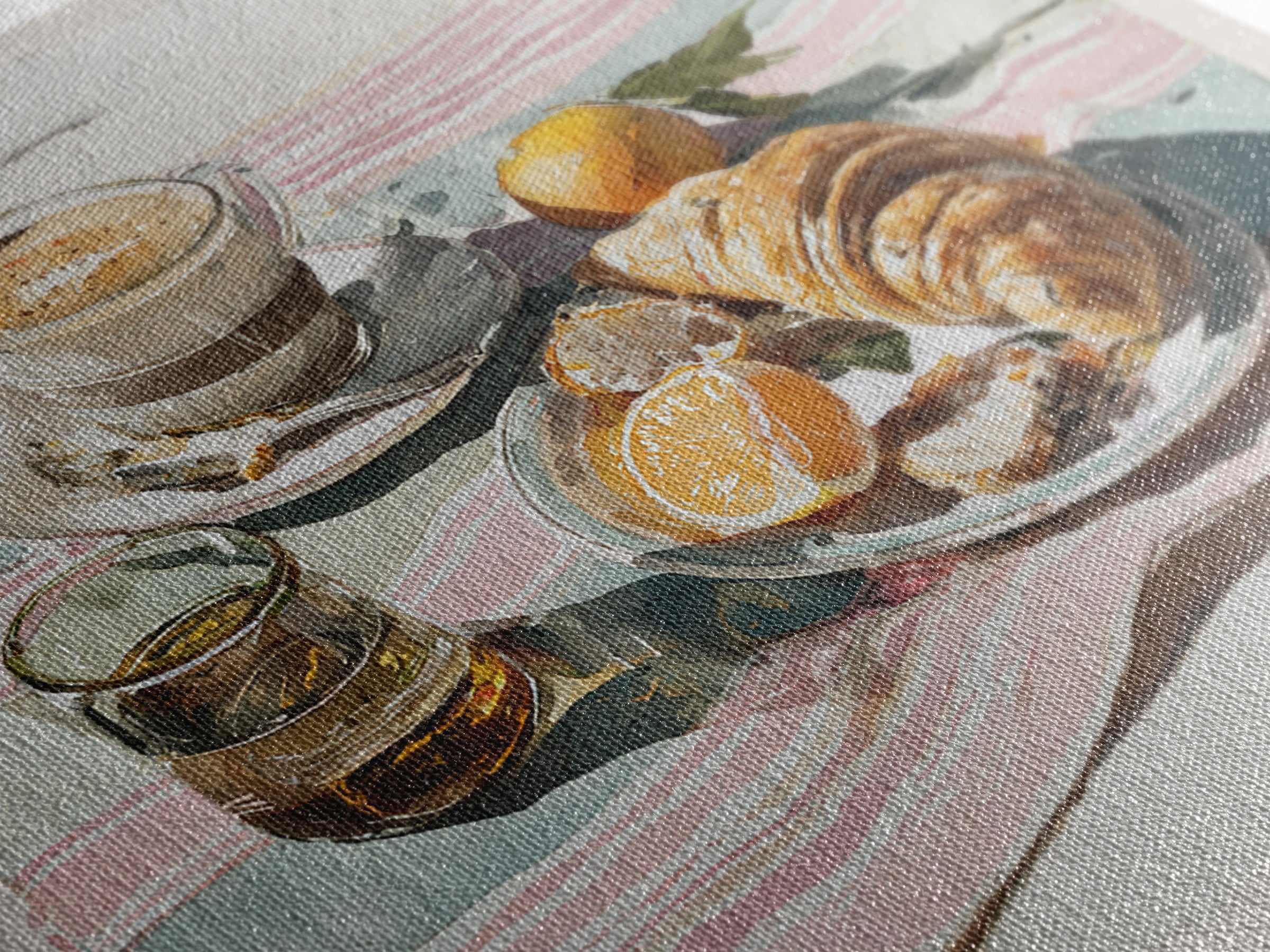 Croissant and Cappuccino on Striped Cloth Framed Canvas Print, Coffee Shop Art, Textured Painting, Cafe Decor, Fine Art, Cafe, CSA-1x1-29