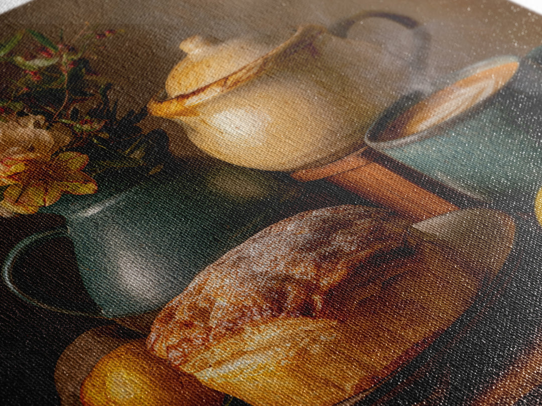 Sunlit Pastry and Coffee Arrangement Framed Canvas Print, Coffee Shop Art, Kitchen Wall Decor, Cafe Decor, Oil Painting, Cafe, CSA-1x1-43