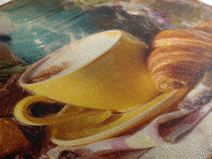Croissant and Cappuccino on Striped Cloth Framed Canvas Print, Coffee Shop Art, Textured Painting, Cafe Decor, Fine Art, Cafe, CSA-1x1-53