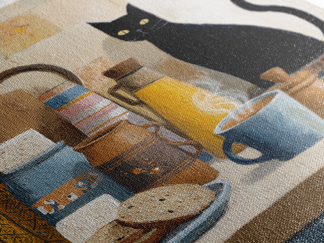 Black Cat Beside a Steaming Cup Framed Canvas Print, Coffee Shop Art, Gallery Decor, Cafe Decor, Fine Art, Cafe, Wall Art, CSA-1x1-62