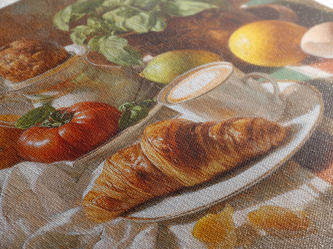 Croissant and Cappuccino on Striped Cloth Canvas Print, Coffee Shop Art, Wall Decor, Cafe Decor, Fine Art, Cafe, Kitchen Gift, CSA-1x1-77