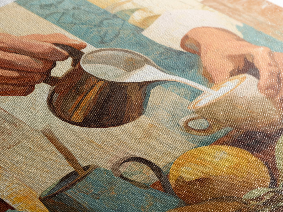 Barista Hands Pouring Milk into Espresso Framed Canvas Print, Coffee Shop Art, Wall Art, Cafe Decor, Oil Painting, Cafe, CSA-1x1-93