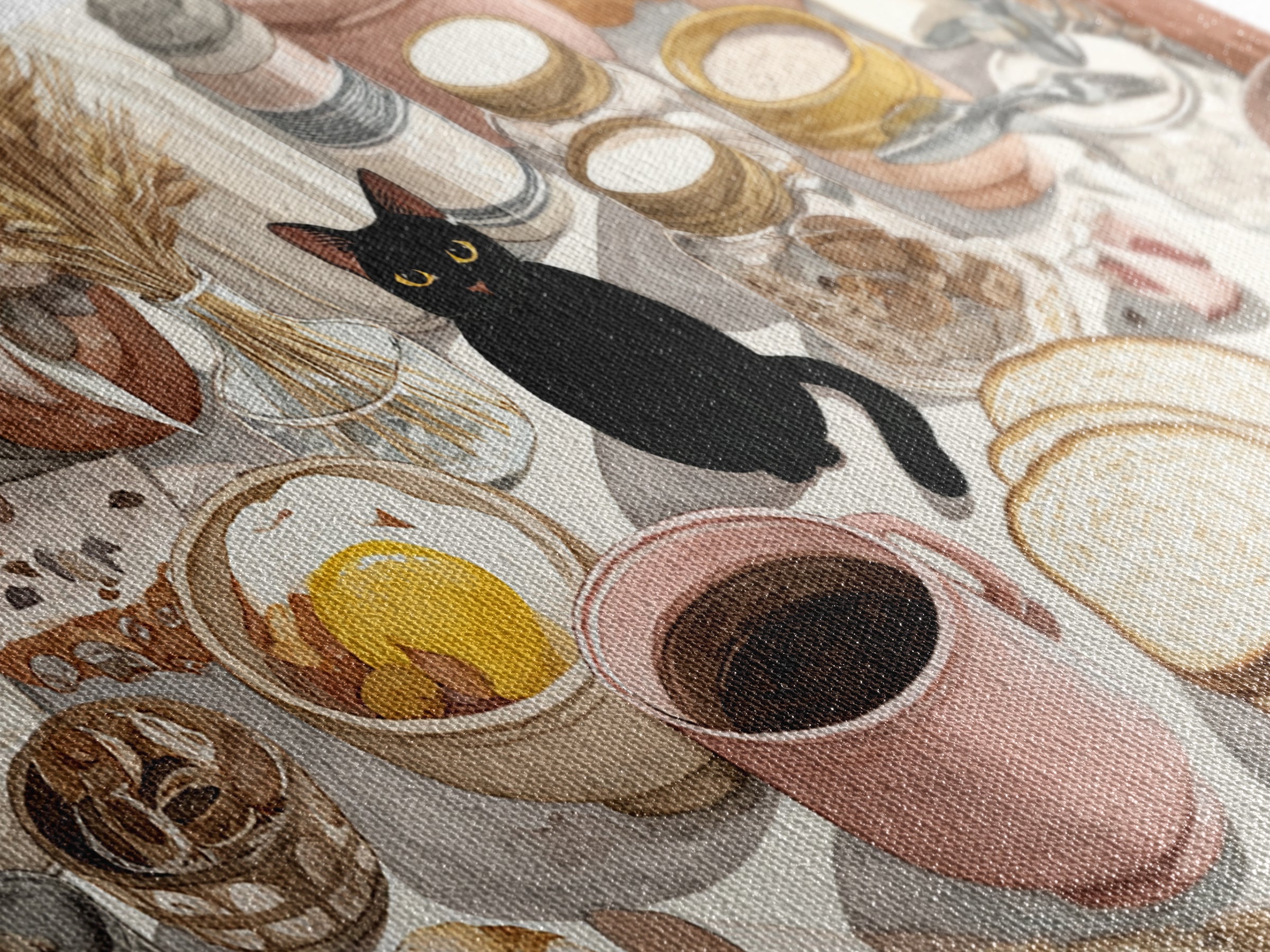 Black Cat Beside a Steaming Cup Framed Canvas Print, Coffee Shop Art, Contemporary Art, Cafe Decor, Cafe, Printable Art, CSA-2x1-10