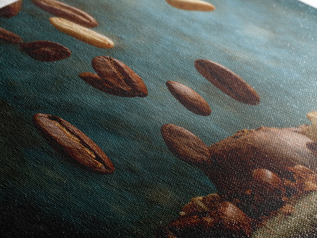 Roasted Beans Falling Through Dark Space Framed Canvas Print, Coffee Shop Art, Wall Decor, Cafe Decor, Fine Art, Cafe, CSA-2x1-40