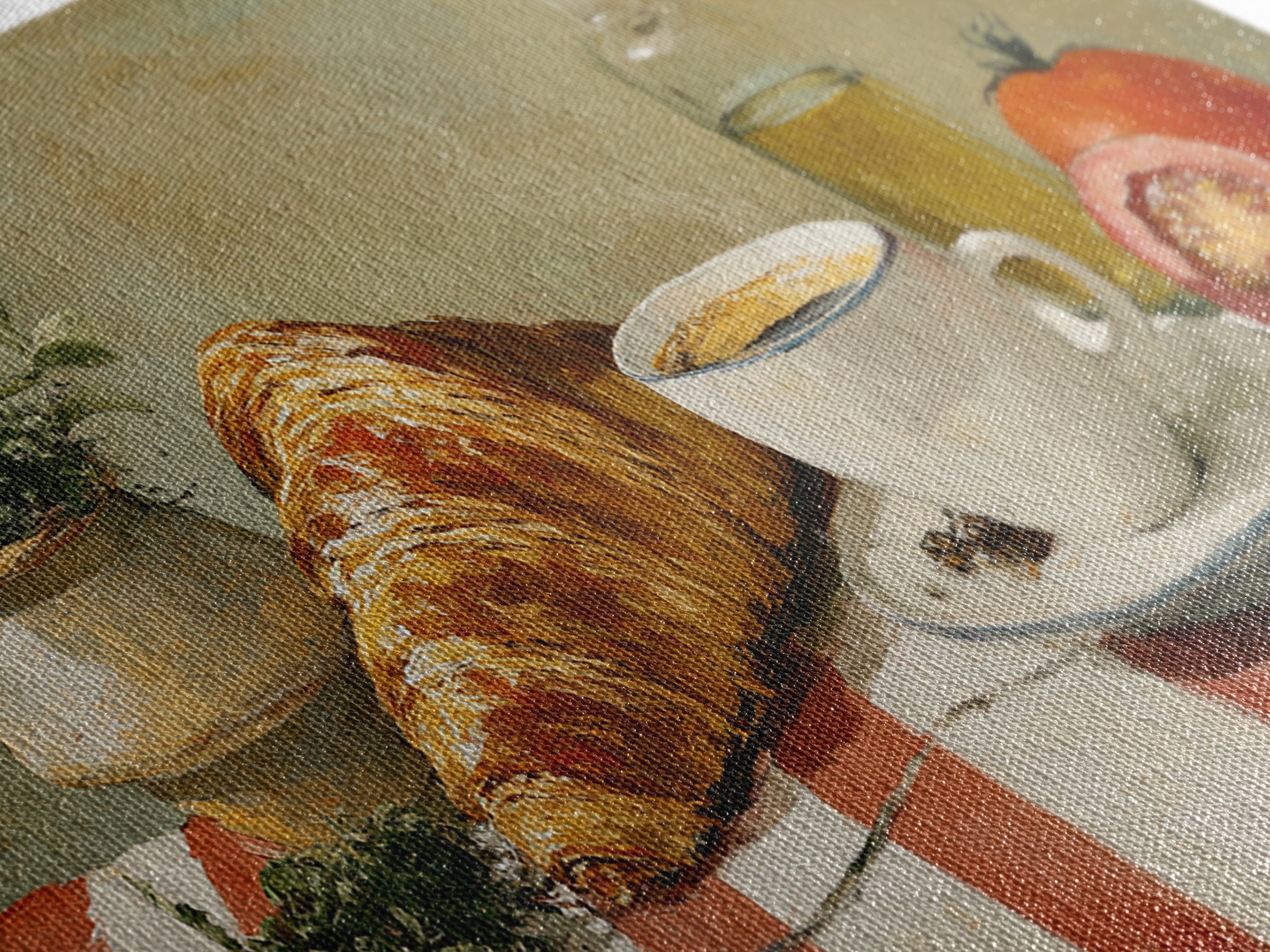 Croissant and Cappuccino on Striped Cloth Canvas Print, Coffee Shop Art, Kitchen Art, Cafe Decor, Cafe, Minimalist Wall Art, CSA-2x1-49