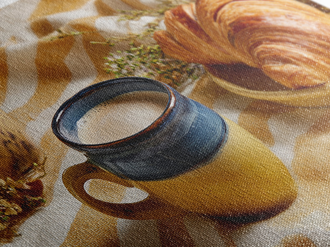 Croissant and Cappuccino on Striped Cloth Framed Canvas Print, Coffee Shop Art, Canvas Print, Cafe Decor, Fine Art, Cafe, CSA-2x1-97