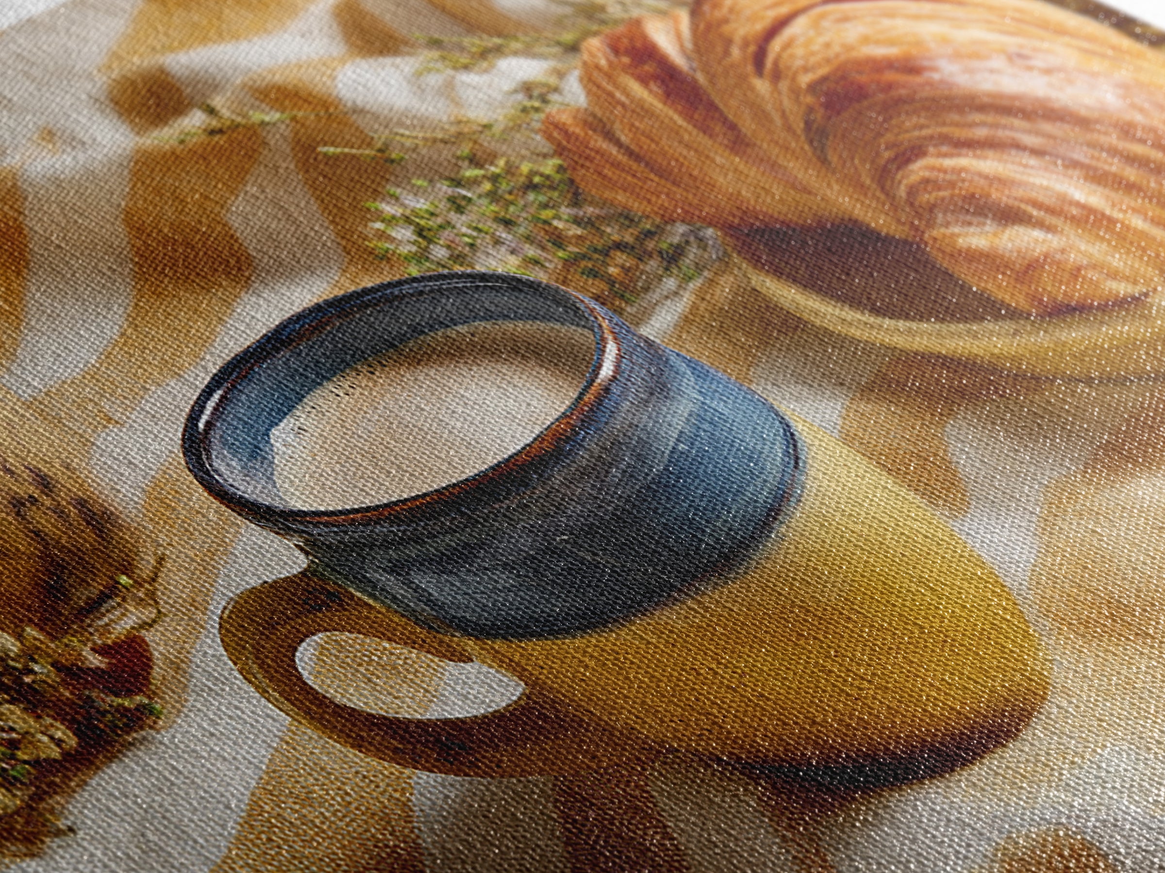 Croissant and Cappuccino on Striped Cloth Framed Canvas Print, Coffee Shop Art, Canvas Print, Cafe Decor, Fine Art, Cafe, CSA-2x1-97
